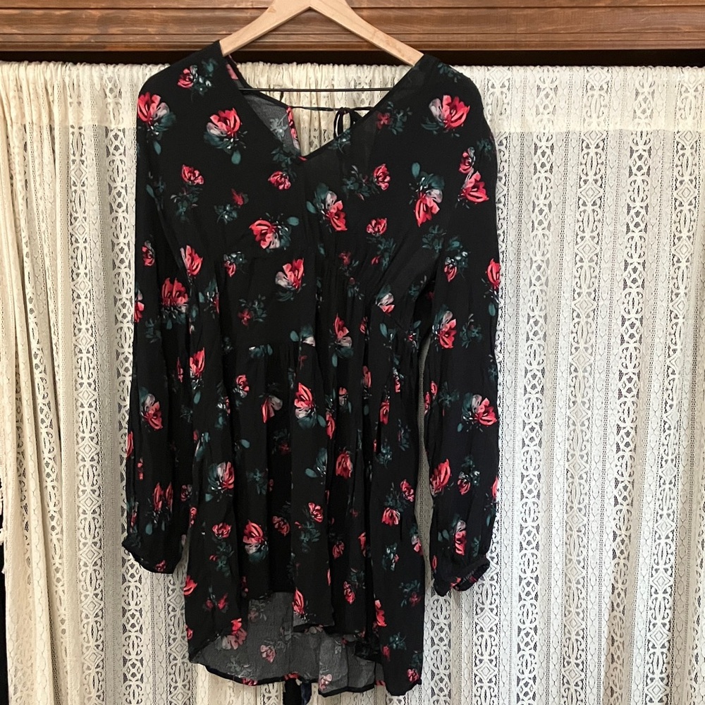 a new day Black Dress with Pink and Green Floral Pattern
